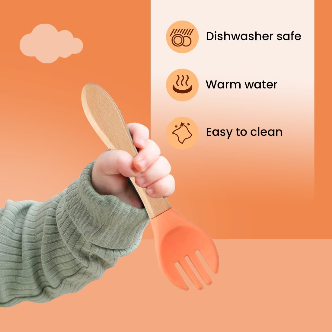 tütots Baby Spoon and Fork Set, Soft Silicone, Wooden Handle, BPA Free, Pack of 2 (Orange)