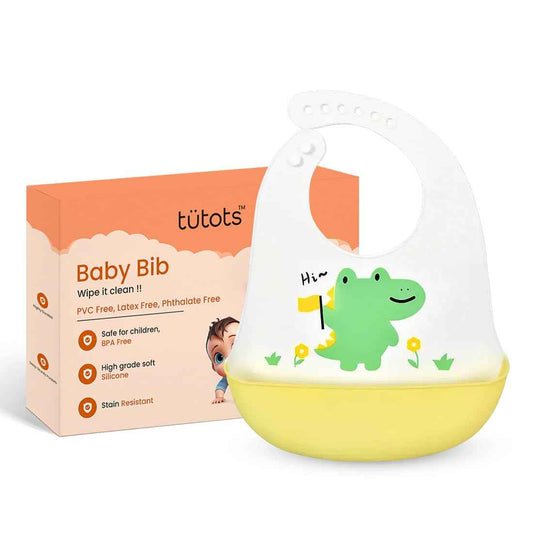 tütots Silicone Baby Bib – BPA-Free, Stain-Resistant with Food Catcher, Dinosaur Design, Snap Button Lock