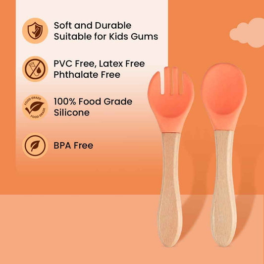 tütots Baby Spoon & Fork Set – Soft Silicone, Wooden Handle, BPA-Free, Pack of 2