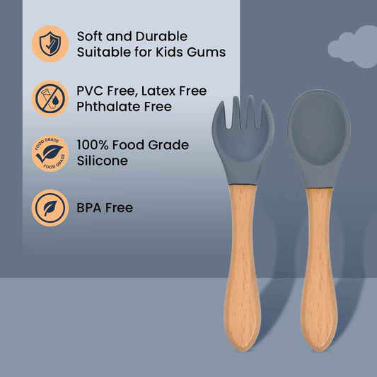 tütots Baby Spoon & Fork Set – Soft Silicone, Wooden Handle, BPA-Free, Pack of 2