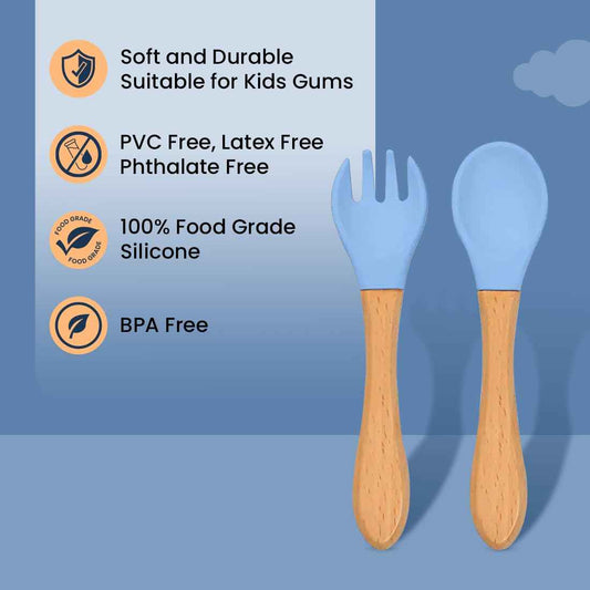 tütots Baby Spoon & Fork Set – Soft Silicone, Wooden Handle, BPA-Free, Pack of 2