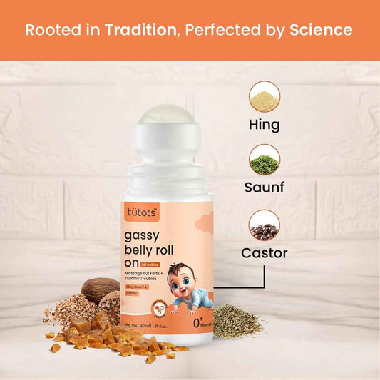 tütots Gassy Tummy Roll-On for Babies – Natural Colic & Indigestion Relief with Hing, Saunf & Castor Oil, 40ml