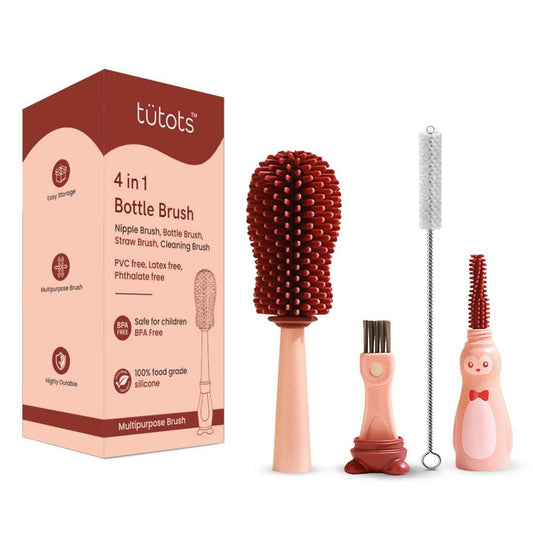 tütots 4-in-1 Silicone Baby Bottle Cleaner Brush Set – Nipple, Straw, Lid & Bottle Brush with Thick Bristles, Compact Design