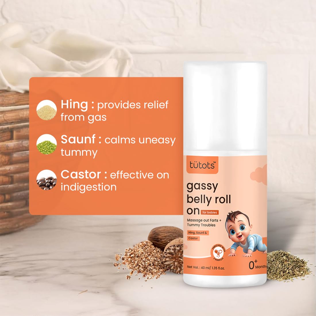 tütots Gassy Tummy Roll On for Babies, Natural Relief with Hing, Saunf & Castor, Colic Relief, Constipation and Indigestion With Hing & Saunf | 40ml