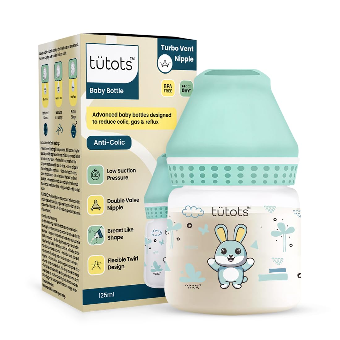 Tuetots Baby Feeding Bottle - Instinct AntiColic Wide Neck 125 ml - BPA Free with Turbo Vent Nipple - Grey - Ideal Feeding Bottle for Newborns and Milk - Baby Bottle for 6-12 Months - Infant Essentials