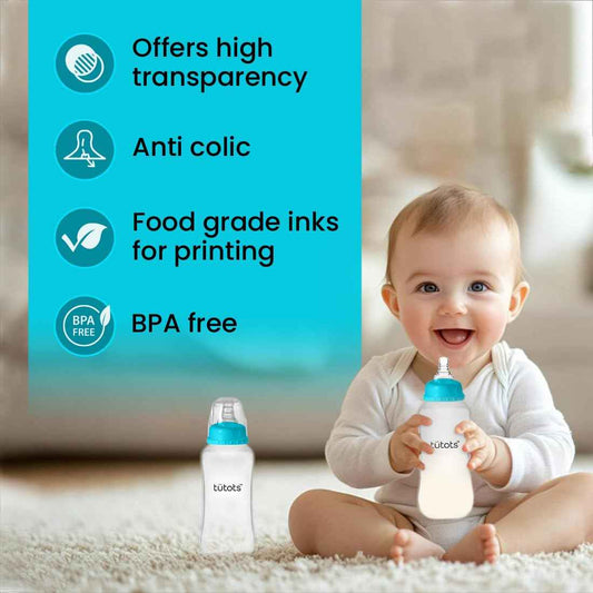 tütots Baby Feeding Bottle Pack of 2 – 250ml, Anti-Colic, BPA-Free, Natural Latch Spiral Teat (3–36 Months)