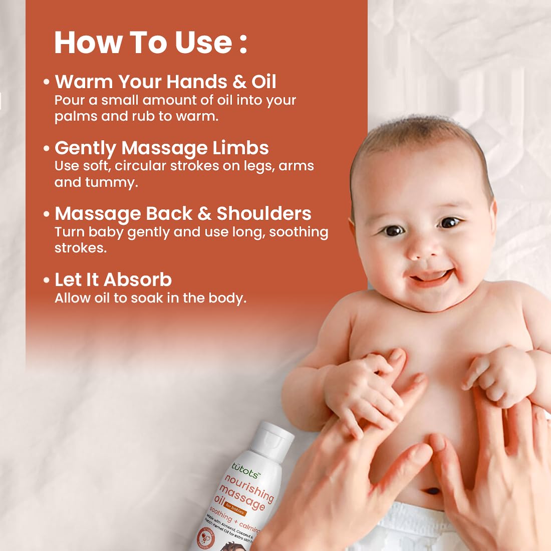 tütots Nourishing Baby Massage Oil 200ml - Almond Oil Coconut Oil & Peach Kernel Oils - Vitamin E Enriched - Ideal Baby Oil - Gentle Hydration & Care - Softens & Protects Skin