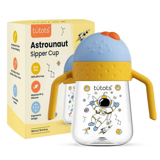 tütots Premium Astronaut Baby Sipper Bottle – 300ml Anti-Spill Cup with Soft Silicone Weighted Straw, BPA-Free (12M+)