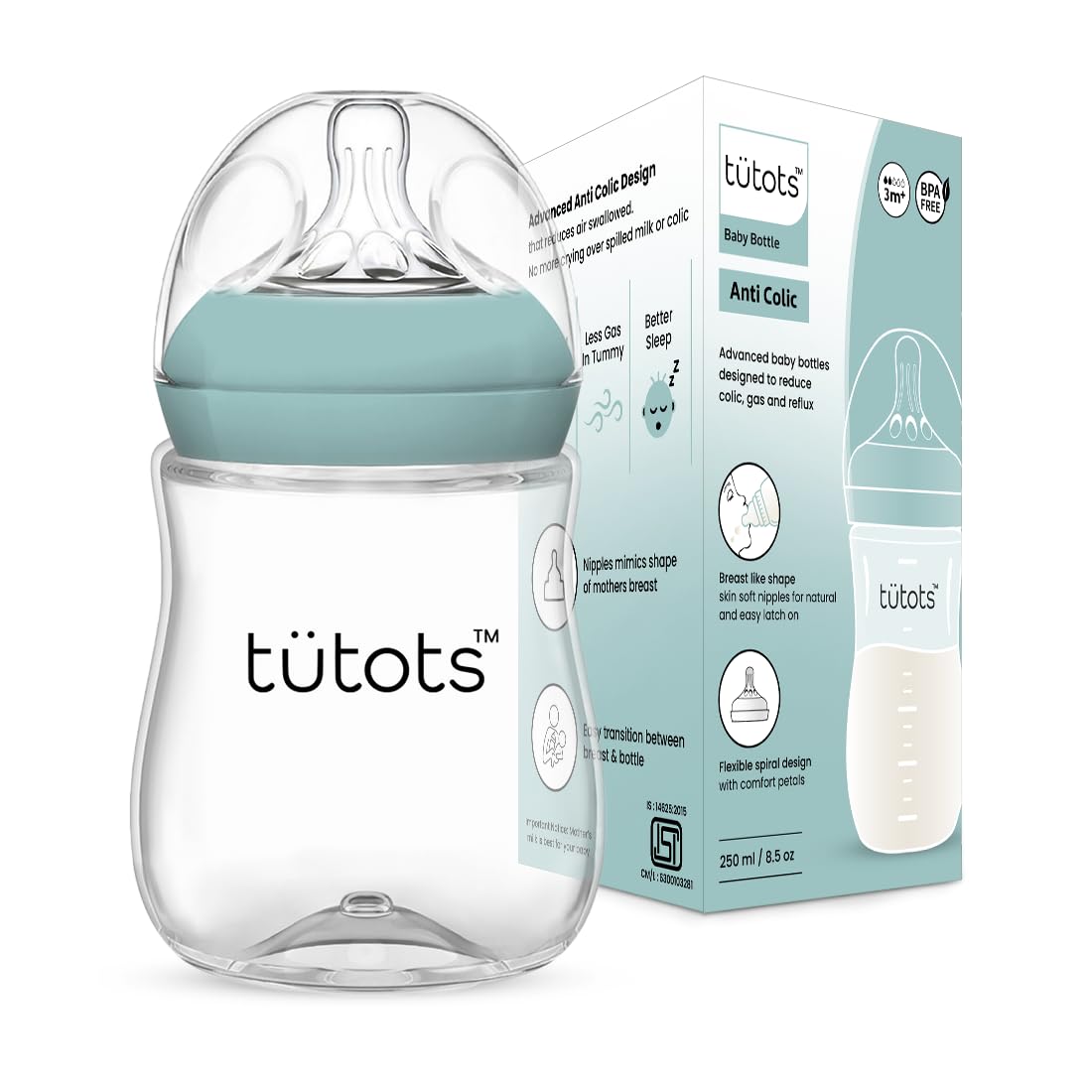 tütots Baby Feeding Bottle | Anti-Colic | BPA-Free |Spiral Teat with Comfort Petals | 3-12 Months | 1+ Year| Easy Clean| 150 ml (250 ml)
