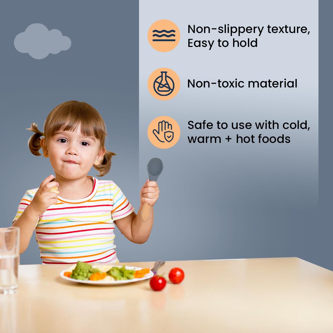 tütots Baby Spoon and Fork Set, Soft Silicone, Wooden Handle, BPA Free, Pack of 2 (Green Grey)