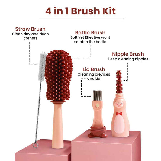 tütots 4-in-1 Silicone Baby Bottle Cleaner Brush Set – Nipple, Straw, Lid & Bottle Brush with Thick Bristles, Compact Design