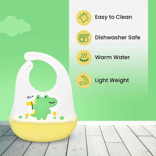 tütots Silicone Baby Bib – BPA-Free, Stain-Resistant with Food Catcher, Dinosaur Design, Snap Button Lock