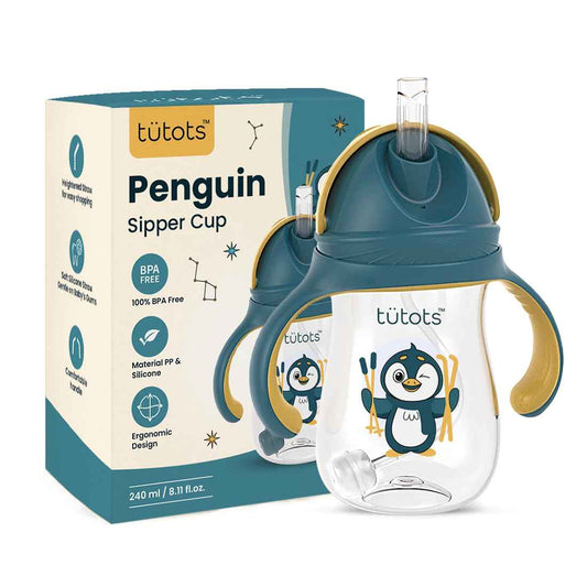 tütots Premium Penguin Baby Straw Sipper Bottle – 240ml Anti-Spill Cup with Soft Silicone Straw, BPA-Free (Purple, 12M+)