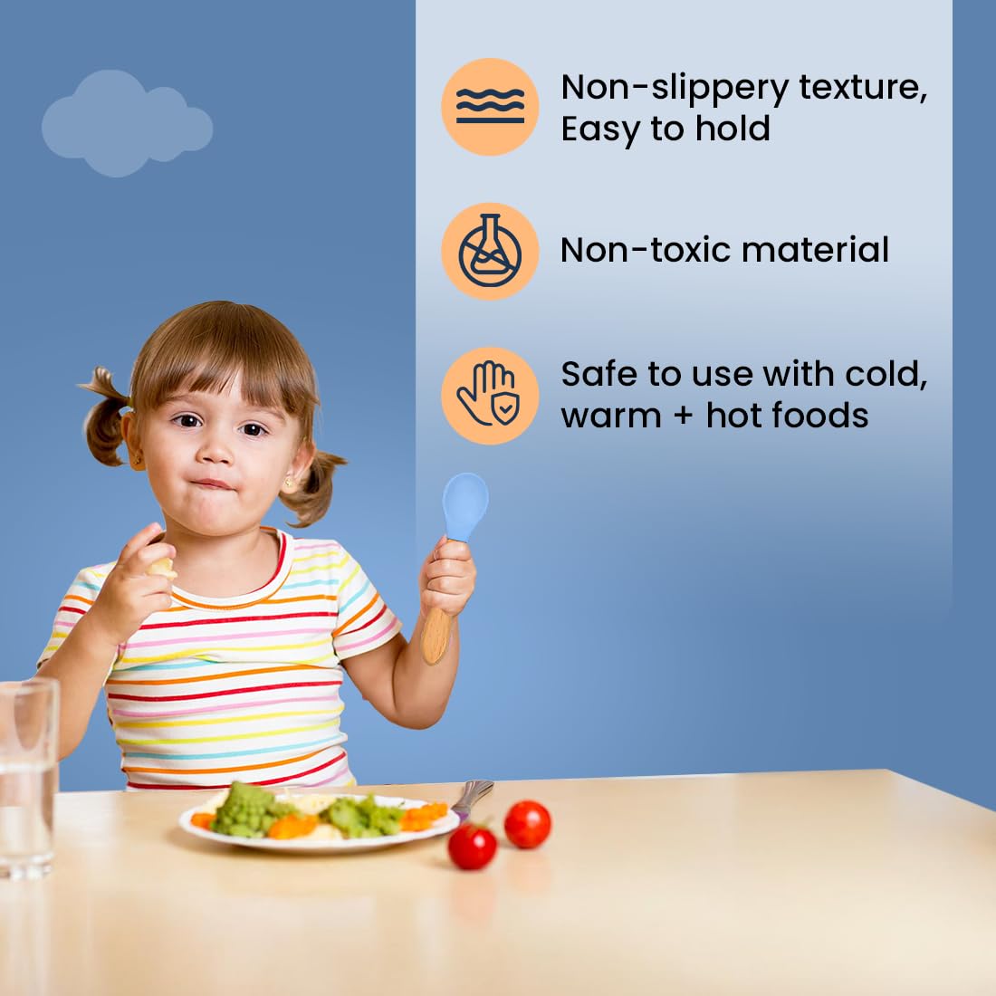tütots Baby Spoon and Fork Set, Soft Silicone, Wooden Handle, BPA Free, Pack of 2 (Blue)