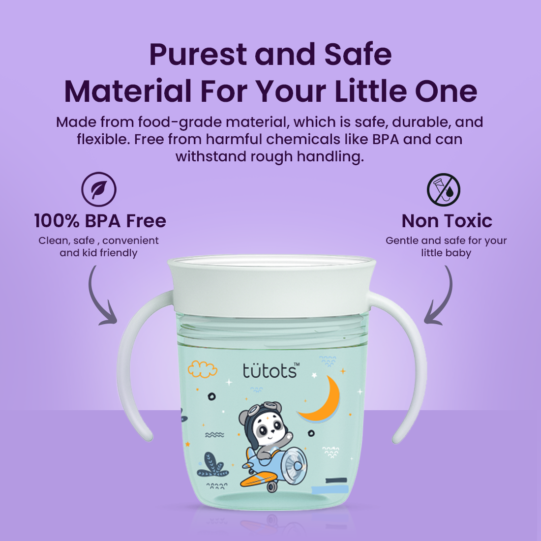Children's sippy cup with cartoon design on a purple background, featuring text about material safety.
