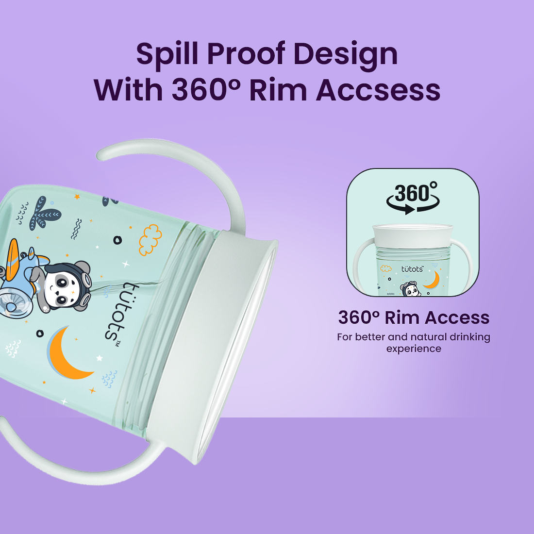 Children's tumbler with spill-proof design and 360-degree rim access on a purple background