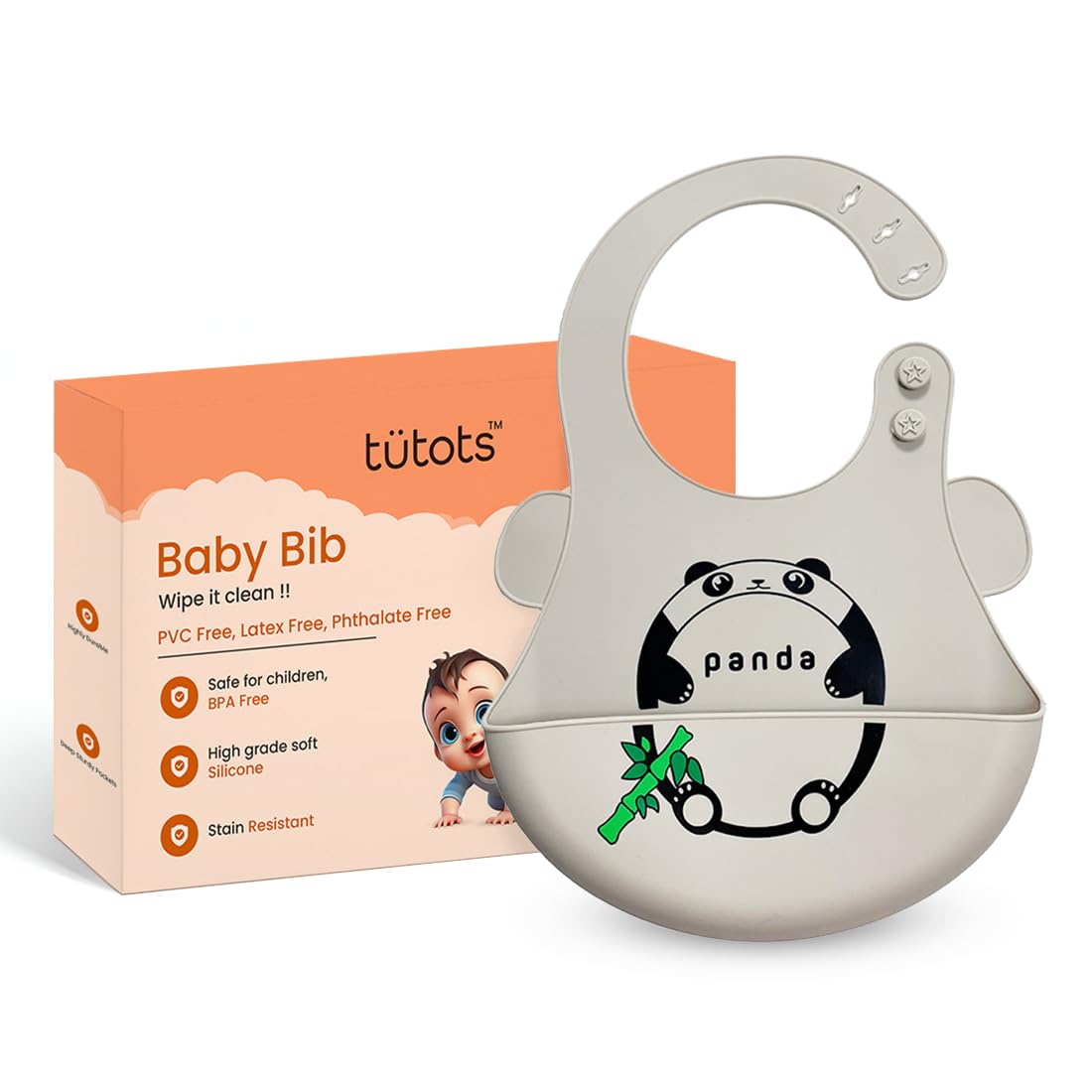 tütots Silicone Baby Bib, BPA Free, Stain Resistant with Food Catcher, Dinosaur Design, Snap Button Lock