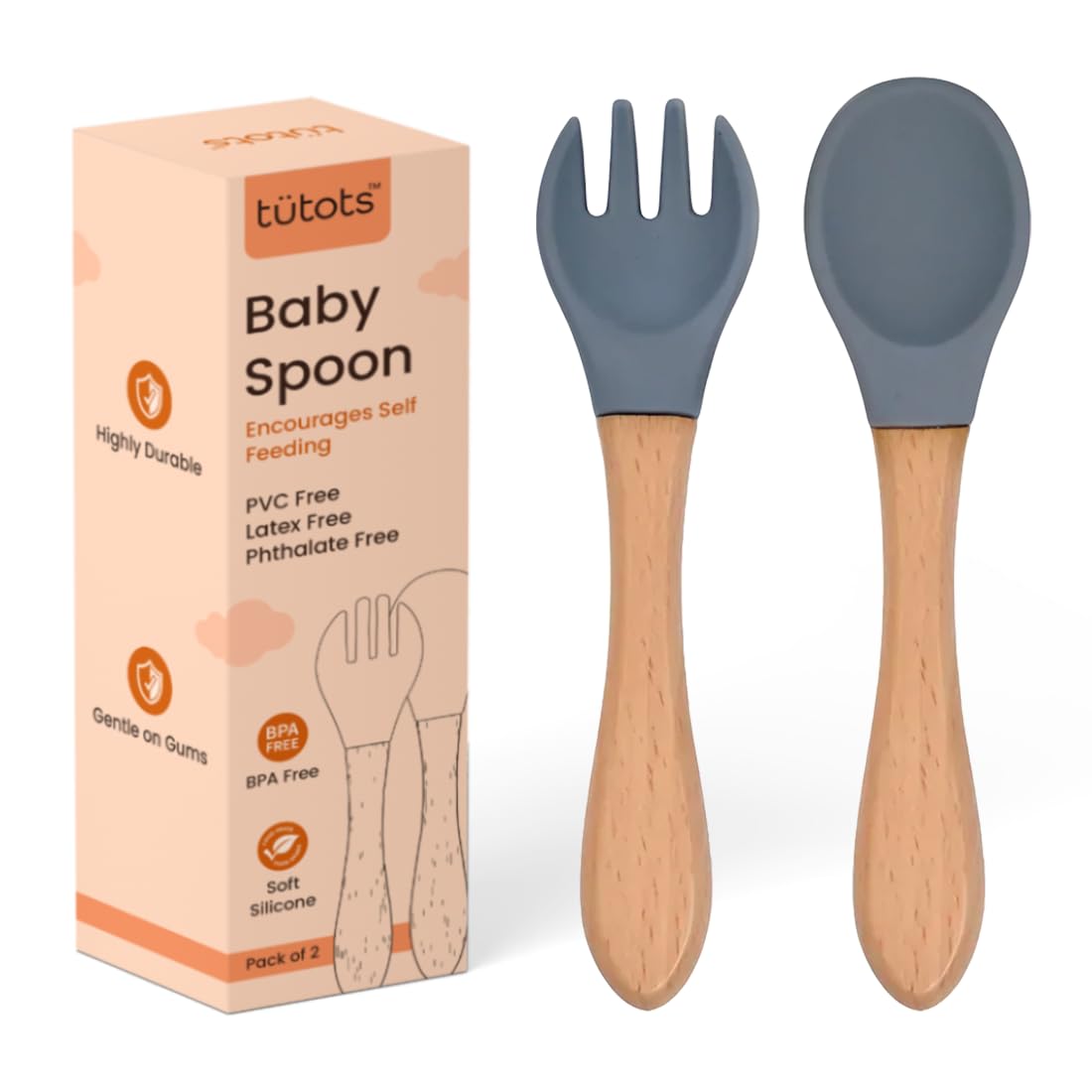 tutots Baby Spoon & Fork Set – Soft Silicone, Wooden Handle, BPA-Free, Pack of 2 - Tutots