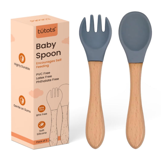 tütots Baby Spoon and Fork Set, Soft Silicone, Wooden Handle, BPA Free, Pack of 2 (Green Grey)