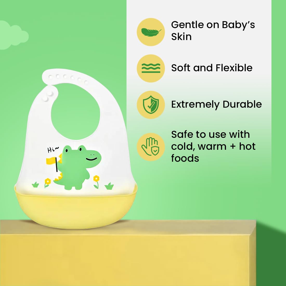 tütots Silicone Baby Bib, BPA Free, Stain Resistant with Food Catcher, Dinosaur Design, Snap Button Lock