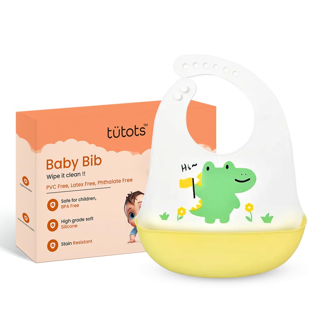 tutots Silicone Baby Bib – BPA-Free, Stain-Resistant with Food Catcher, Dinosaur Design, Snap Button Lock - Tutots