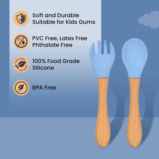 tütots Baby Spoon and Fork Set, Soft Silicone, Wooden Handle, BPA Free, Pack of 2 (Blue)