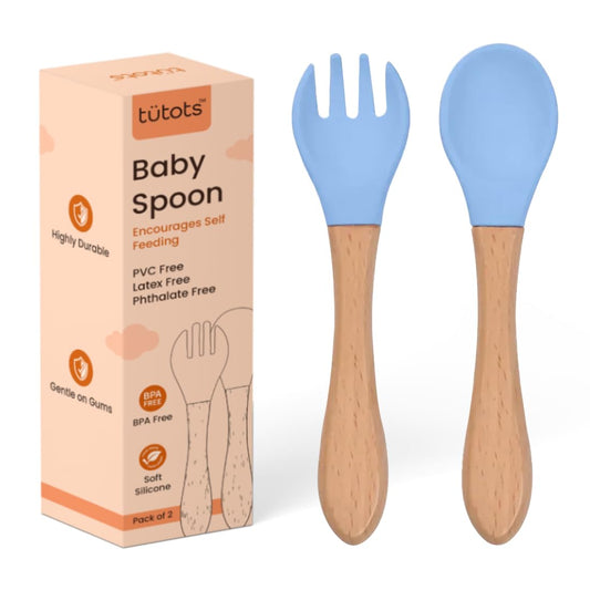 tütots Baby Spoon and Fork Set, Soft Silicone, Wooden Handle, BPA Free, Pack of 2 (Orange)