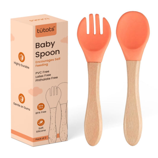 tütots Baby Spoon and Fork Set, Soft Silicone, Wooden Handle, BPA Free, Pack of 2 (Blue)