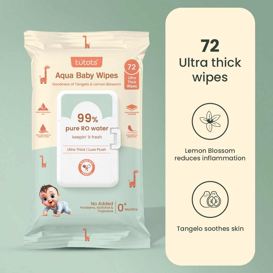 tütots Ultra Thick Aqua Baby Wipes - 99% RO Water Infused with Lemon Blossom & Tangelo - Ideal Wipes for New Born Baby - Wet Wipes for Cleaning - Soft & Gentle Baby Wet Wipes (Pack of 2)