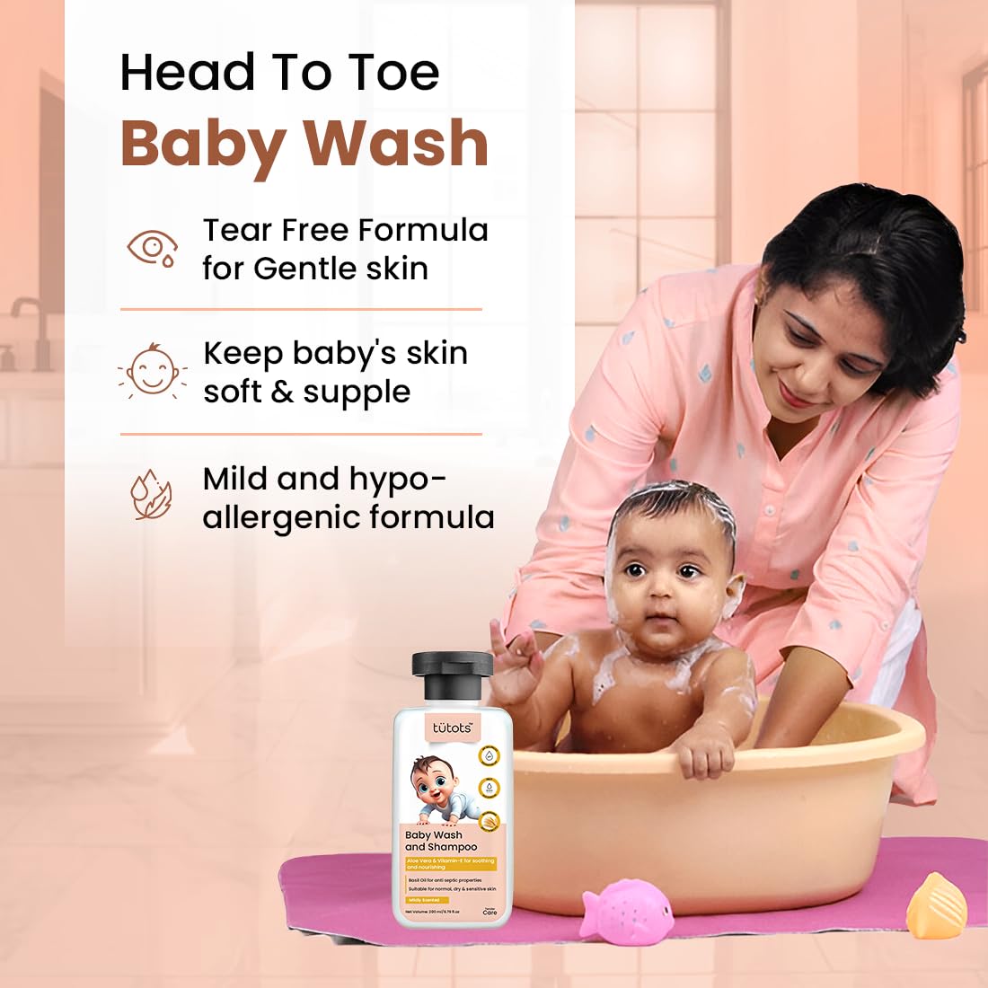 tütots Baby Body Wash and Shampoo 200ml - Head to Toe Baby Wash for Bath with Aloe Vera, Vitamin E, Basil Oil - Mildly Scented