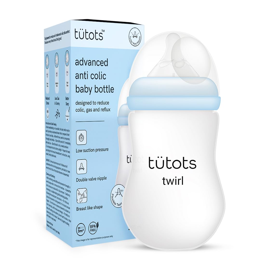 tuetots Baby Feeding Bottle | AntiColic Wide Neck| BPA Free | Baby Feeding Bottle with Turbo Vent Nipple | 250 ml | Twirl Series (Blue, 250 ml)