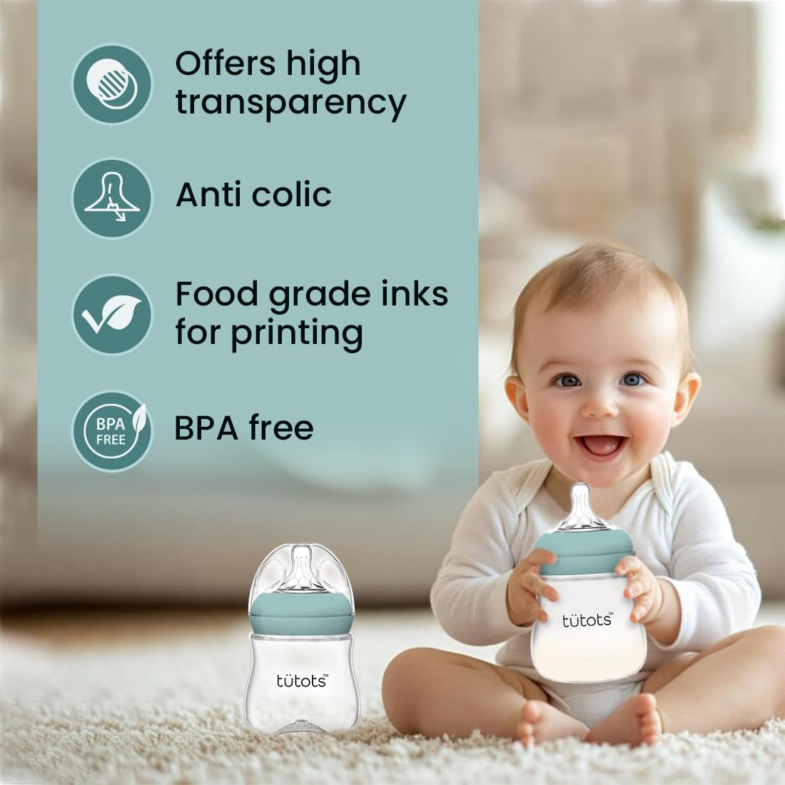 tütots Baby Feeding Bottle | Anti-Colic | BPA-Free |Spiral Teat with Comfort Petals | 3-12 Months | 1+ Year| Easy Clean| 150 ml