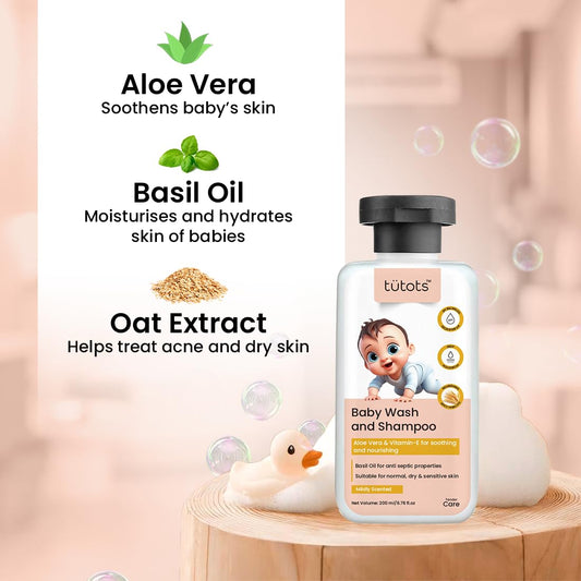tütots Baby Body Wash and Shampoo 200ml - Head to Toe Baby Wash for Bath with Aloe Vera, Vitamin E, Basil Oil - Mildly Scented