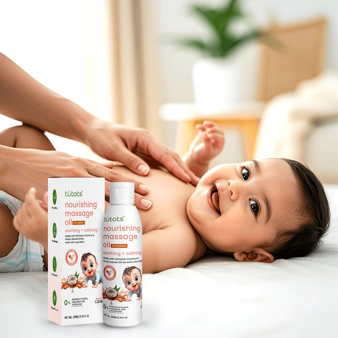 tütots Nourishing Baby Massage Oil 200ml - Almond Oil Coconut Oil & Peach Kernel Oils - Vitamin E Enriched - Ideal Baby Oil - Gentle Hydration & Care - Softens & Protects Skin