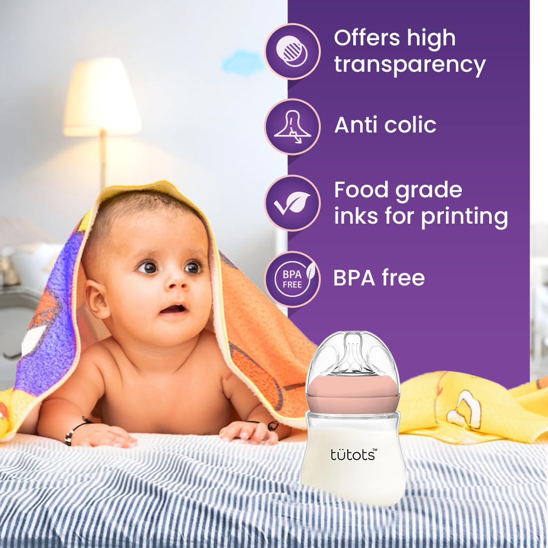 Tutots Anti-Colic Baby Bottle, 150ml, BPA-Free, Wide Neck with Natural Nipple