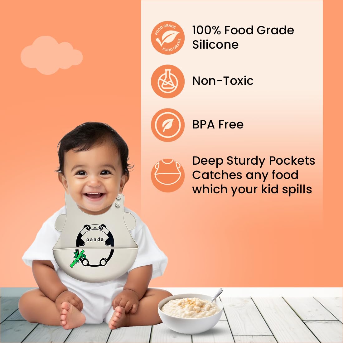 tütots Silicone Baby Bib, BPA Free, Stain Resistant with Food Catcher, Dinosaur Design, Snap Button Lock