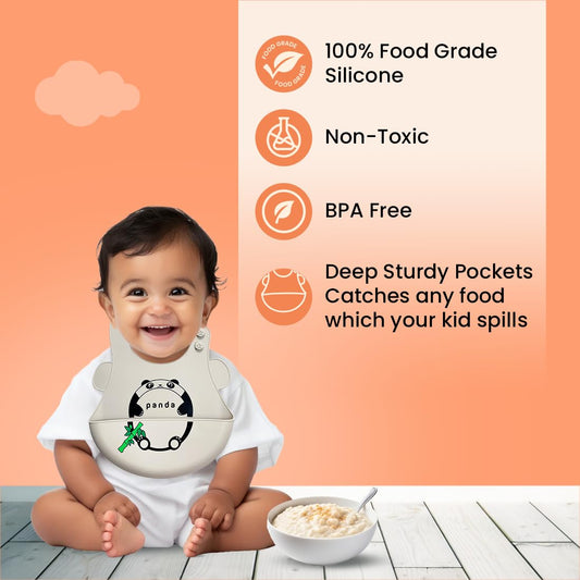 tütots Silicone Baby Bib, BPA Free, Stain Resistant with Food Catcher, Dinosaur Design, Snap Button Lock