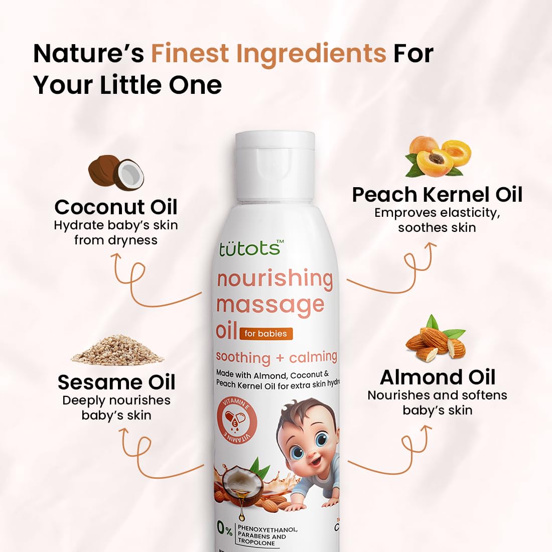 tütots Nourishing Baby Massage Oil 200ml - Almond Oil Coconut Oil & Peach Kernel Oils - Vitamin E Enriched - Ideal Baby Oil - Gentle Hydration & Care - Softens & Protects Skin