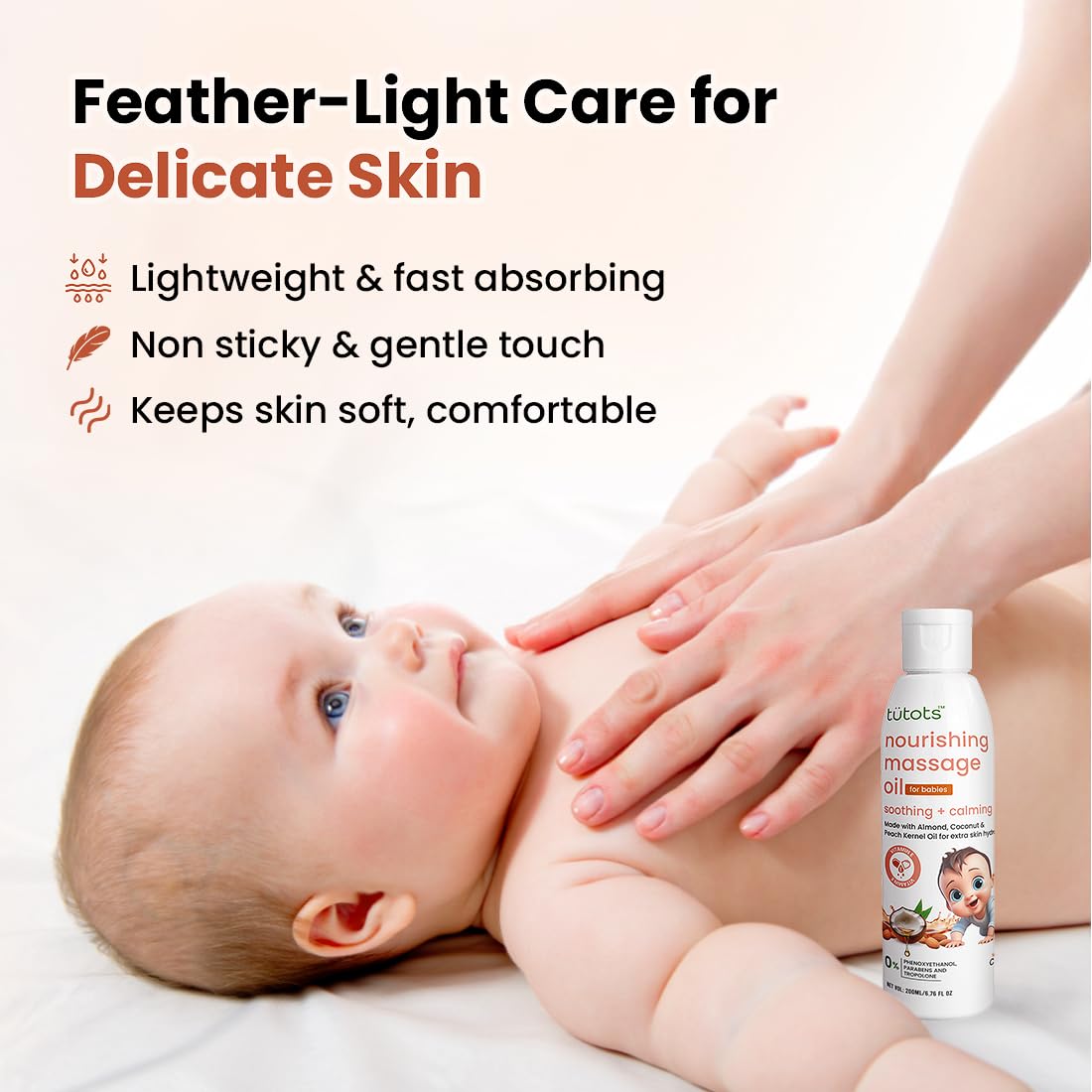 tütots Nourishing Baby Massage Oil 200ml - Almond Oil Coconut Oil & Peach Kernel Oils - Vitamin E Enriched - Ideal Baby Oil - Gentle Hydration & Care - Softens & Protects Skin