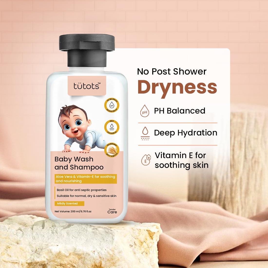 tütots Baby Body Wash and Shampoo 200ml - Head to Toe Baby Wash for Bath with Aloe Vera, Vitamin E, Basil Oil - Mildly Scented