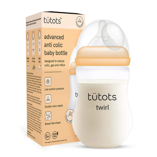 tuetots Baby Feeding Bottle | AntiColic Wide Neck| BPA Free | Baby Feeding Bottle with Turbo Vent Nipple | 250 ml | Twirl Series (Peach, 250 ml)