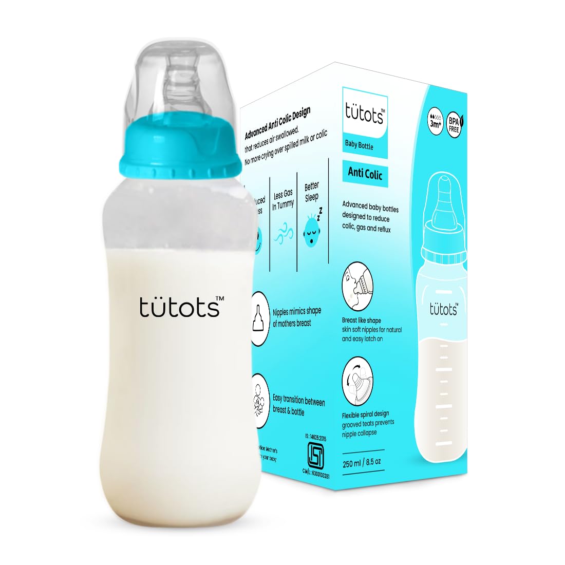 tuetots Feeding Baby Bottle with Spiral Teat | Anti-Colic | BPA Free | Natural Latch | for Newborns and Kids, 0-36 Months | 250 ml