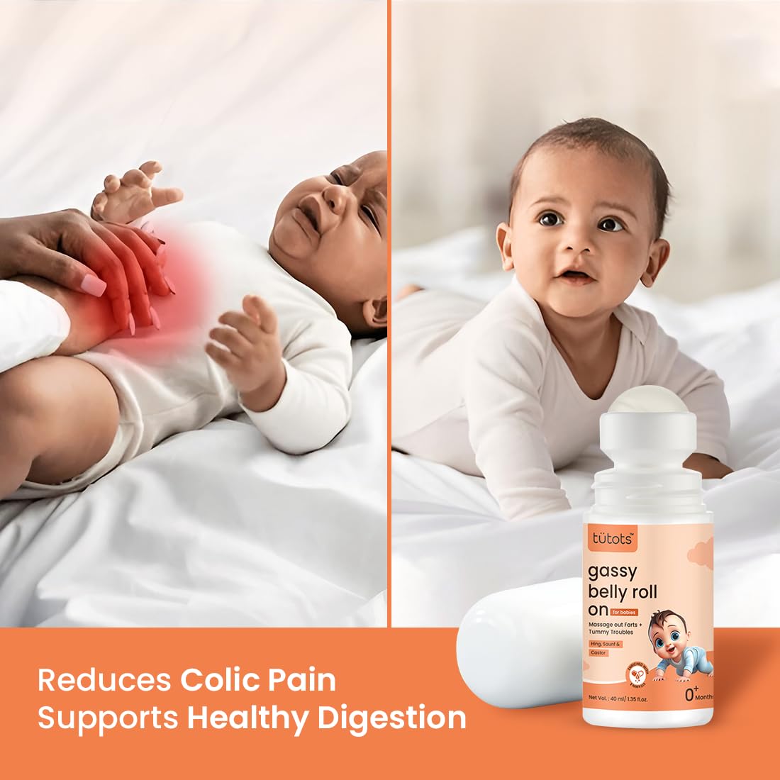 tütots Gassy Tummy Roll On for Babies, Natural Relief with Hing, Saunf & Castor, Colic Relief, Constipation and Indigestion With Hing & Saunf | 40ml
