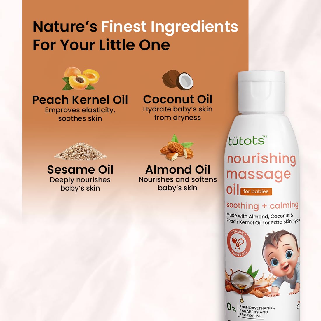 tütots Nourishing Baby Massage Oil 200ml - Almond Oil Coconut Oil & Peach Kernel Oils - Vitamin E Enriched - Ideal Baby Oil - Gentle Hydration & Care - Softens & Protects Skin