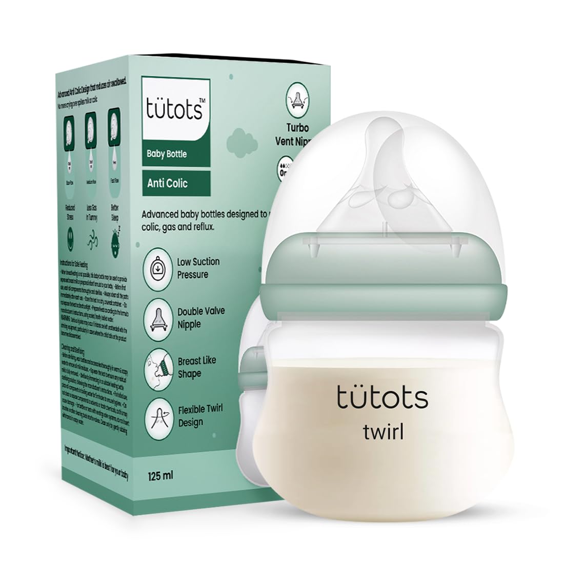 tuetots Baby Feeding Bottle | AntiColic Wide Neck| BPA Free | Baby Feeding Bottle with Turbo Vent Nipple | Twirl Series (Green, 125 ml)