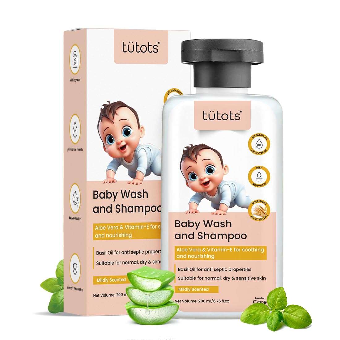 tütots Baby Body Wash and Shampoo 200ml - Head to Toe Baby Wash for Bath with Aloe Vera, Vitamin E, Basil Oil - Mildly Scented