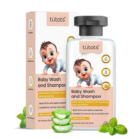 tütots Baby Body Wash and Shampoo 200ml - Head to Toe Baby Wash for Bath with Aloe Vera, Vitamin E, Basil Oil - Mildly Scented