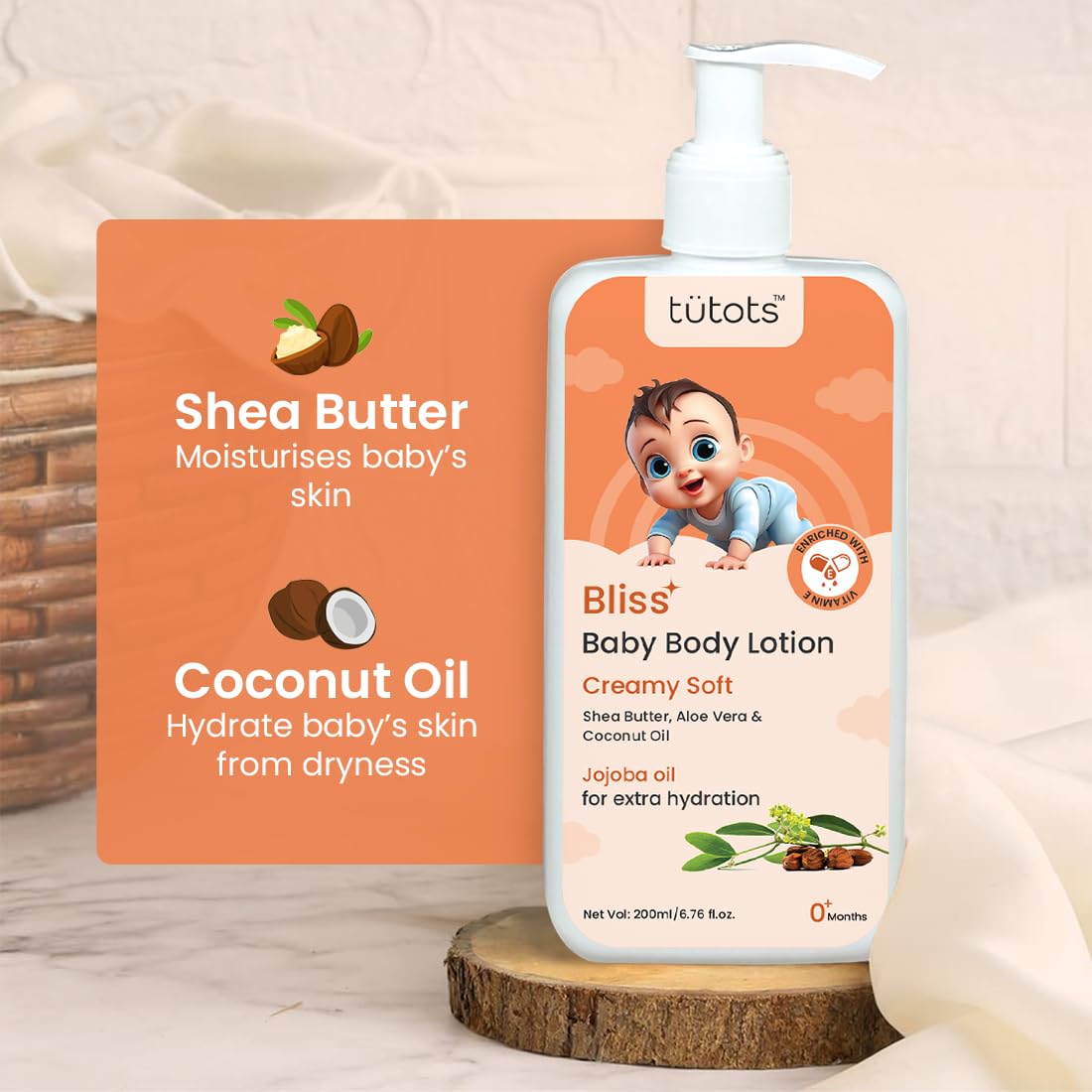 tütots Baby Body Lotion - Enriched with Shea Butter, Aloe Vera & Coconut Oil - Infused with Jojoba Oil - Baby Moisturizer for Face & Body - Ideal for 0-5 Year Olds - Gentle Skincare for Kids