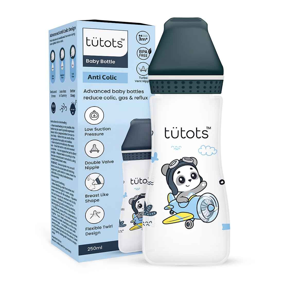tutots Baby Feeding Bottle – 250ml, Anti-Colic Wide Neck, BPA-Free with Turbo Vent Nipple - Tutots