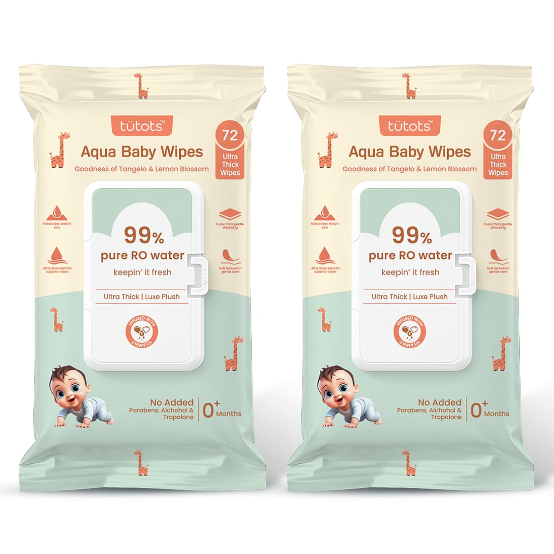 tütots Ultra Thick Aqua Baby Wipes - 99% RO Water Infused with Lemon Blossom & Tangelo - Ideal Wipes for New Born Baby - Wet Wipes for Cleaning - Soft & Gentle Baby Wet Wipes (Pack of 2)